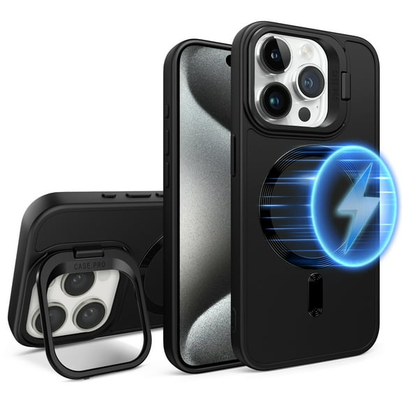 ELEHOLD Magnetic for iPhone 15 Plus Case,Compatible with Mag Safe Rugged Hard PC Camera Lens Frame Kickstand Strong Magnetic Shockproof Protective Cover for iPhone 15 Plus,Black