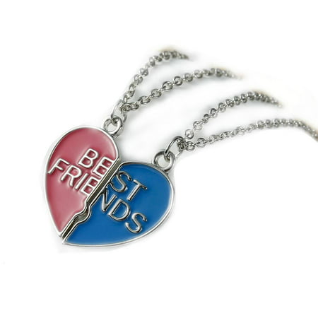 Set Of 2 Heart Pendant Necklace Link Cable Chain Silver Tone Friendship BFF Message 