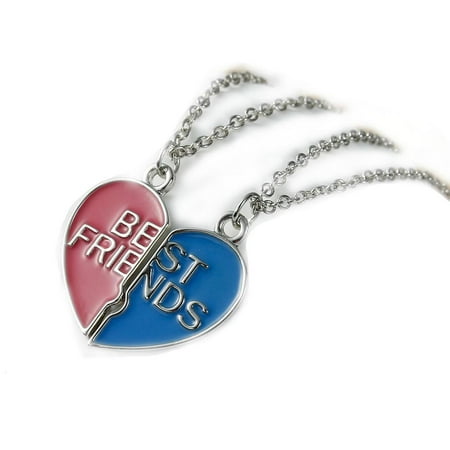 - Set Of 2 Heart Pendant Necklace Link Cable Chain Silver Tone Friendship BFF Message