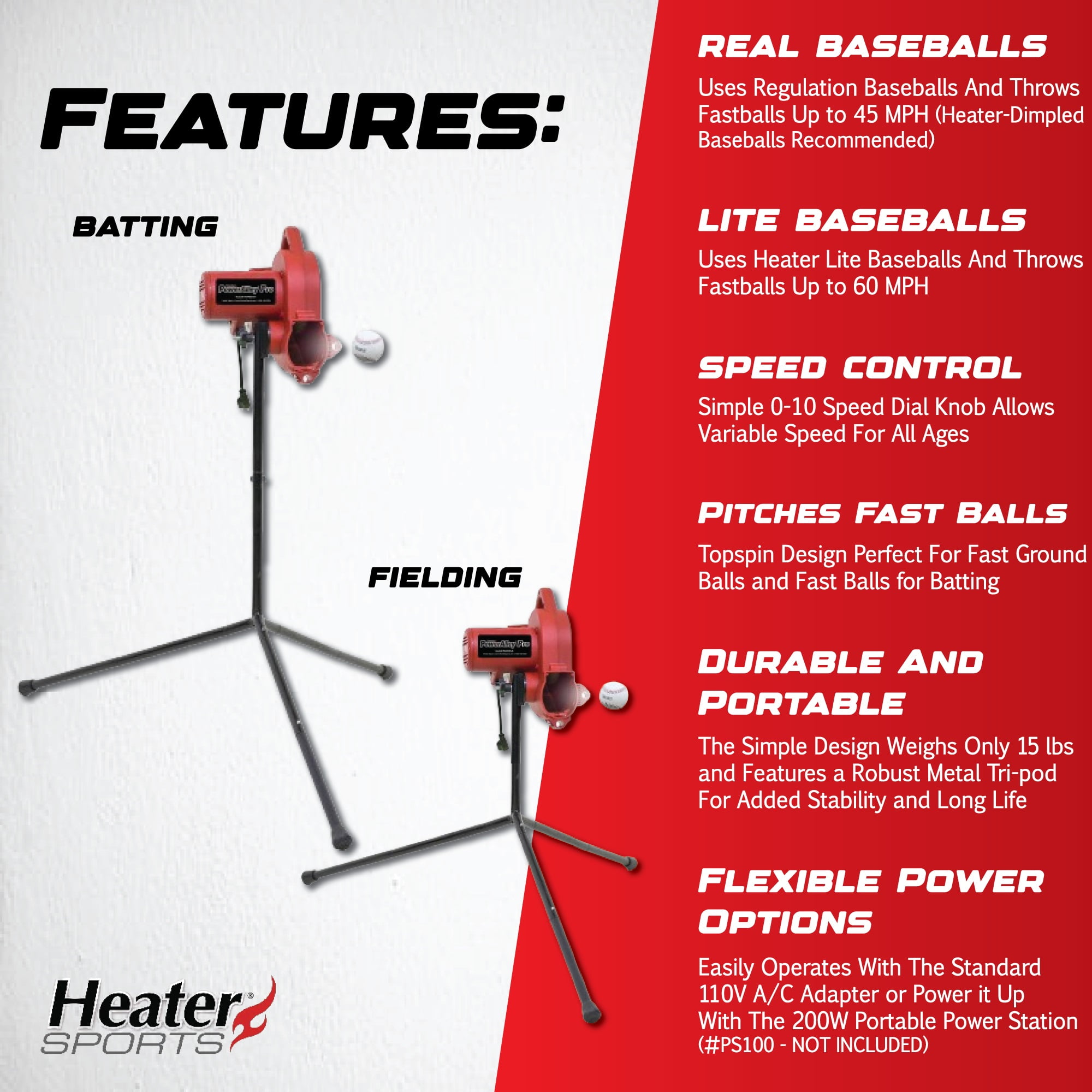 Heater Power Alley Pro Real Baseball Machine - Adjustable Design, Pitches Real Baseballs Up to 45 MPH, Accurate and Portable Training Tool for Batting, Pitching, and Field Practice