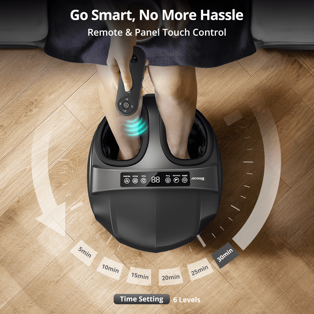 Foot Massager with Heat, Caveen Electric Shiatsu Feet Massage Machine with 3 Vibrations&9 Intensities, 6 Timing Options, Up to Size 13, Grey
