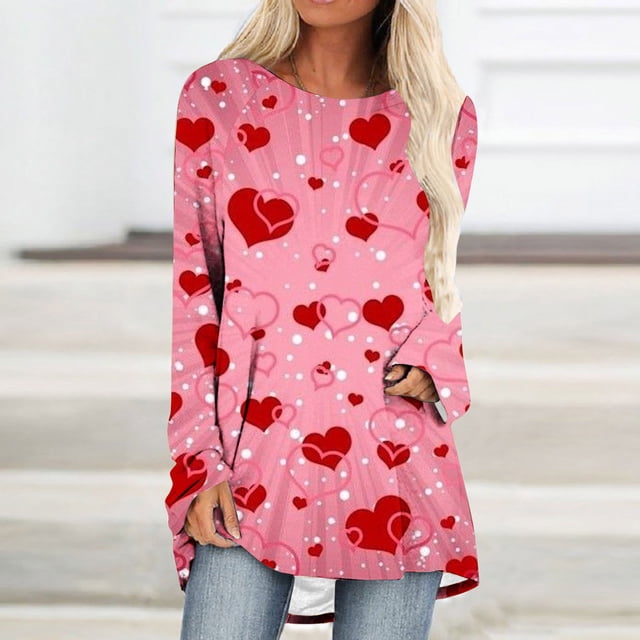 Aqestyerly T-Shirt à Imprimé de la Saint-Valentin pour Femme, Manches Longues, Blouse à Col Rond, Hauts Décontractés