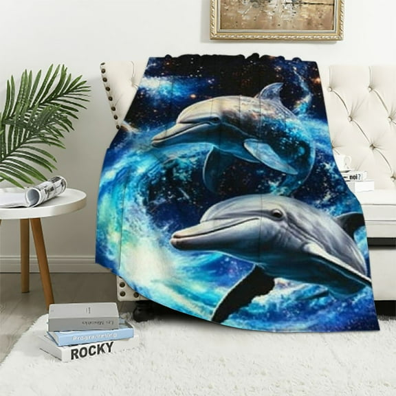 SHERONV Galaxy  Throw Blanket Dolphin Sherpa Blanket for Sofa Couch Bed Outer Space Psychedelic Swirl Plush Blanket Ocean Marine Themed Blue Bright Fuzzy Blanket Bedroom Decor Twin   40x50in