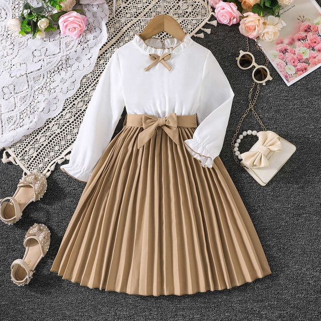 XDZJLR Barboteuse Fille Automne et Hiver Manches Longues Haut Blanc + Robe Pliante Patchwork Tenue Blanche 4-5 Ans
