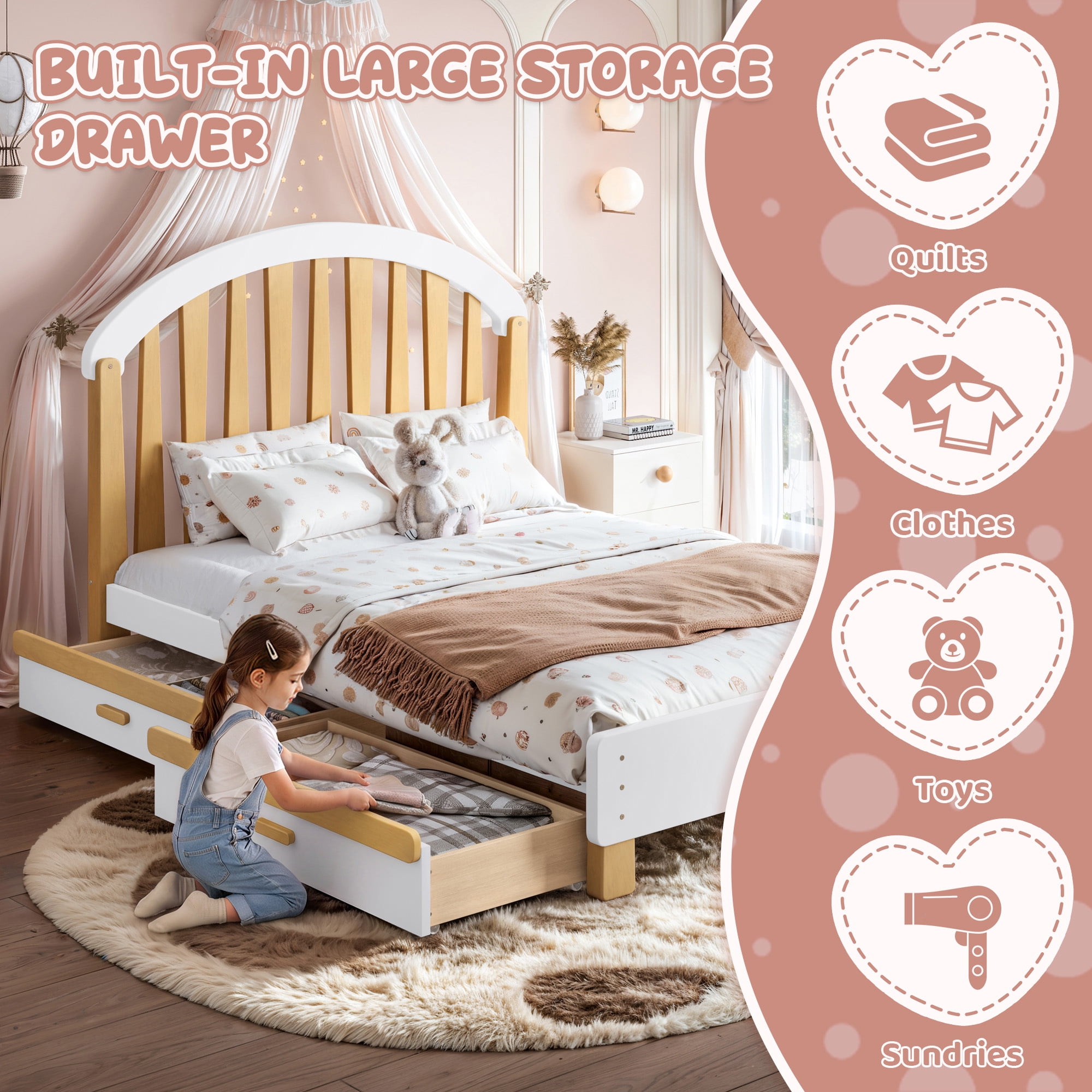 Leumius Full Size Platformbed Frame with Storage Drawer, Wood Bed Frame with Round Headboard for Bedroom White & Natural