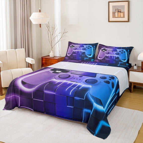 Feelyou Futuristic Game Controller Twin Sheet Sets for Kids, Purple Blue Honeycomb Twin Fitted Sheet, Gaming Gamer Gamepad Flat Sheet, Luxury Bedroom Decor, 3-Piece