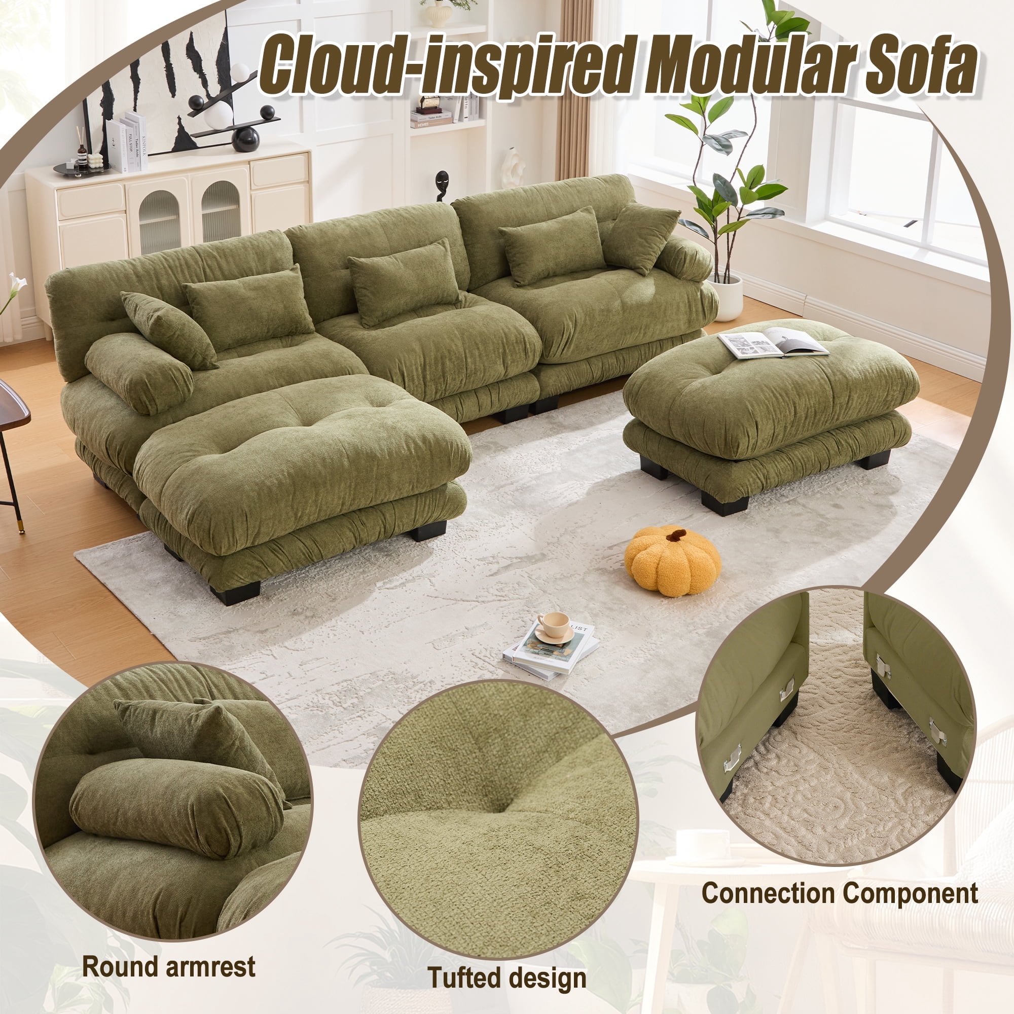 MOONMISS Pelletized velvet U Shape Cloud Couch with 2 Ottomans,Free Combined 3 Seater Comfy Sofa with Bolster Armrest Pillows, sofa for Living Room