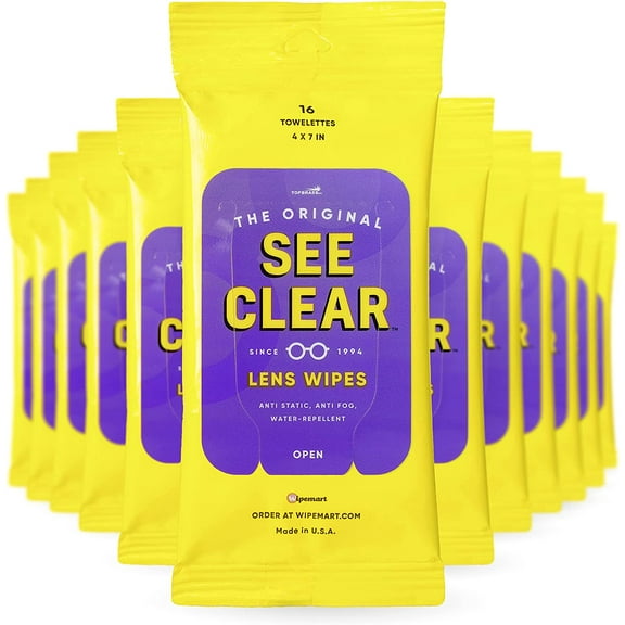 See Clear Original Lens Cleaning Wipes - Pre-Moistened Eyeglass & Screen Cleaning Cloth Towelettes - Streak Free, Scratch Free Lens & Electronic Screen Cleaner - 12 Resealable Packs of 16 (192 Wipes)