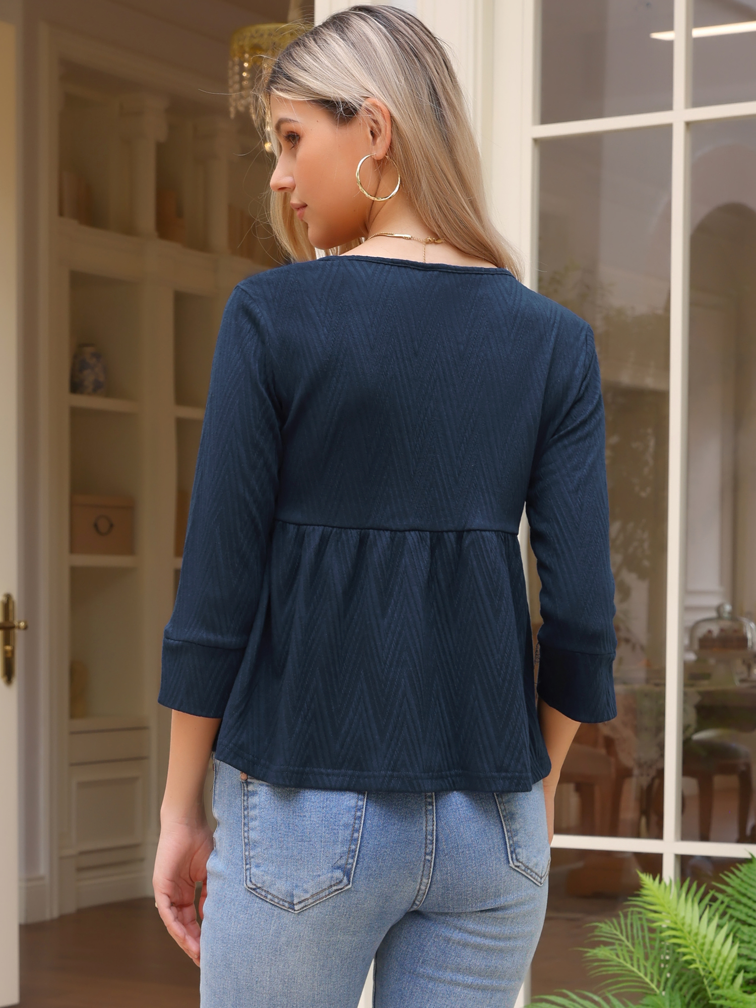 DARING DIVA Women's Tie Front 3/4 Sleeve Peplum Blouse XS Dark Blue