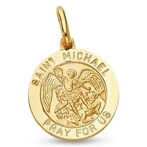 14k Yellow Gold St Michael Pendant Religious Medallion Charm Pray For Us Catholic Solid 18 x 15 mm