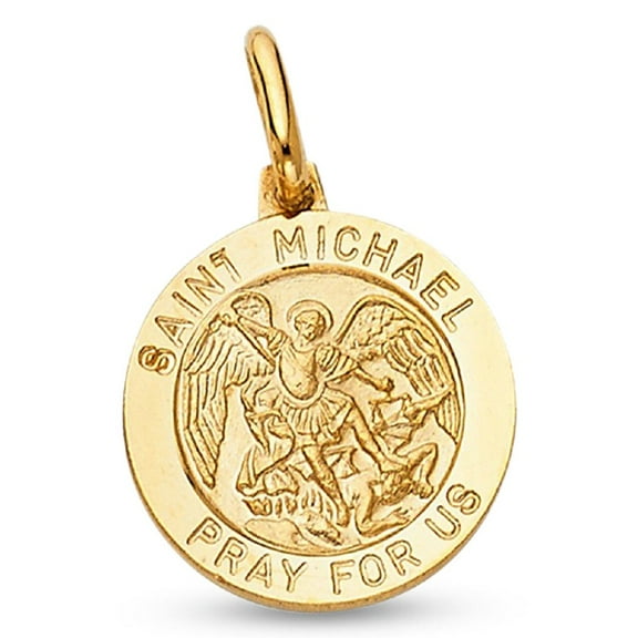 14k Yellow Gold St Michael Pendant Religious Medallion Charm Pray For Us Catholic Solid 18 x 15 mm