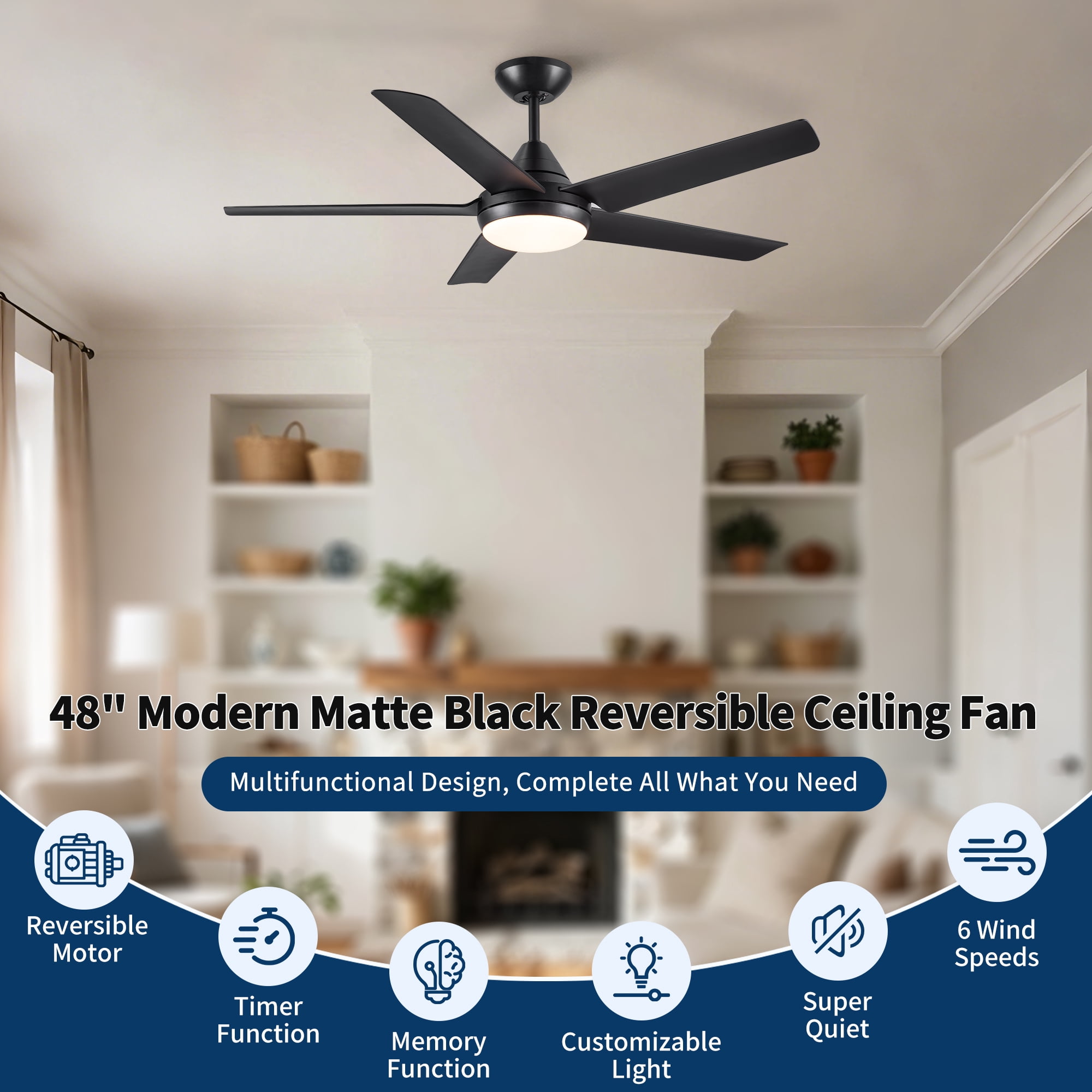 Leumius 48" Ceiling Fan with Lights and Remote Control, Matte Black Modern Ceiling Fan, Reversible DC Motor, 6 Speeds, 3 CCT Dimmable LED, Quiet Timer for Bedroom Living Room Indoor