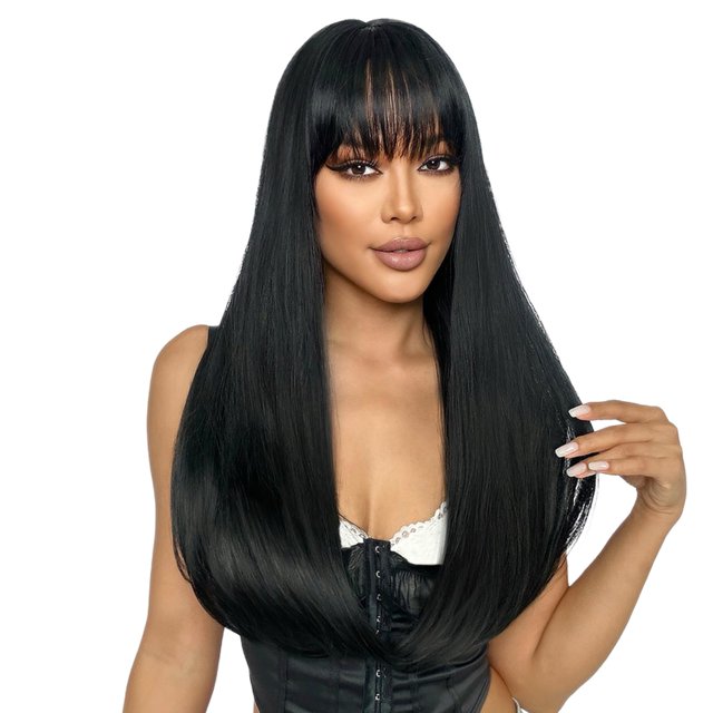 Peluca SUKRI larga recta negra con flequillo de 55 cm para mujer