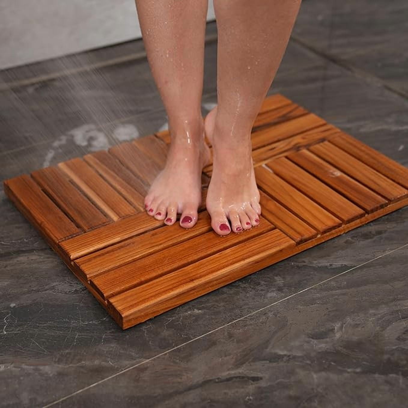 Utoplike Teak Wood Bath Mat, Wooden Shower Mat for Bathroom, 24 x 16 inch Non Slip Wood Floor Sturdy Mat for Inside Shower Luxury Spa Home or Outdoor