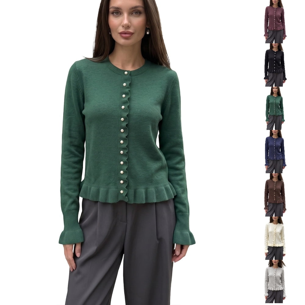 Womens Cardigan Sweaters Ruffle Collar Button Down Knit Soft Casual Solid Long Sleeve