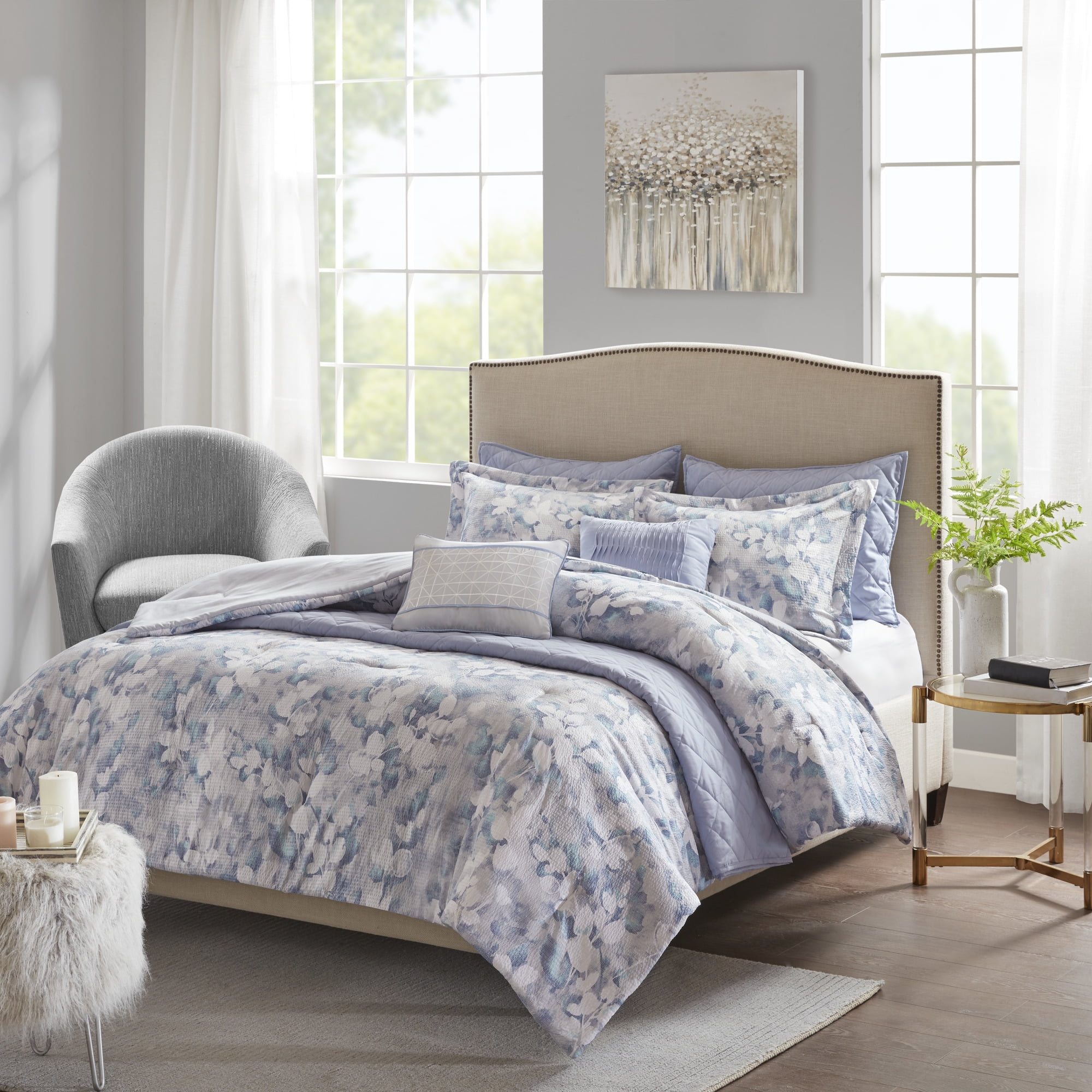 Madison Park Erica Microfiber 8-Piece Blue Floral Printed Comforter and ...