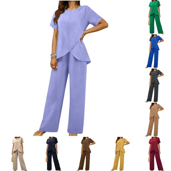 DYTTDG Women's 2-Piece Casual Outfit Set | Crew Neck Short Sleeve Wrap Top & Elastic Waist Wide Leg Pants, Loose Fit Matching Set