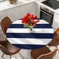 thumbnail image 2 of Navy Blue Stripe Round Fitted Table Cover Simple Style White Striped Waterproof Table Cloth with Elastic Edge Wipeable Tablecloth for Picnic Camping Party Fits 36"-44" Diameter, 2 of 8
