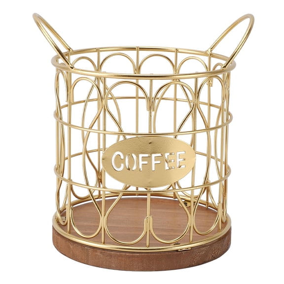 BIMZUC Stylish Gold Coffee Pod Basket with Wooden Base – Durable Metal Wire, Rust‑Proof, Spacious Countertop Storage