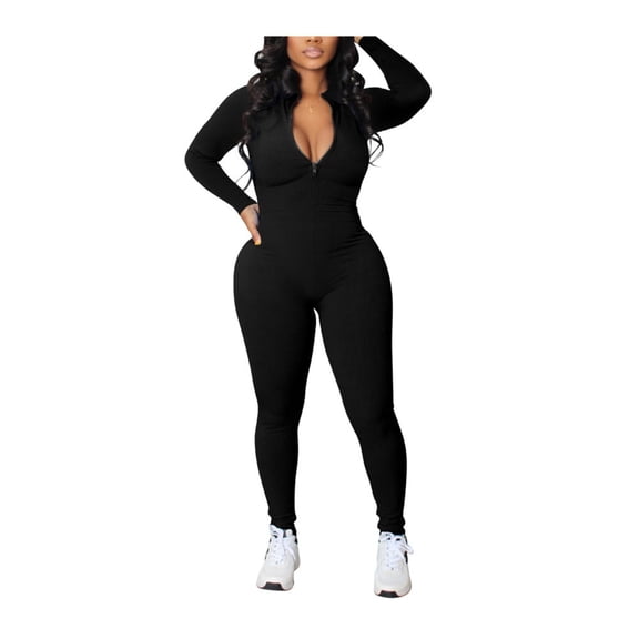 Women’s Ribbed Zip-Up Jumpsuit, Stretch One-Piece Athletic Bodysuit with Long Sleeves, Slim-Fit Rib Texture Sports Romper for Daily Wear, Training, Lounge & Street Style