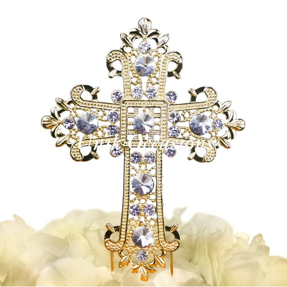 Unik Occasions Rhinestone Cross Cake Topper in Gold