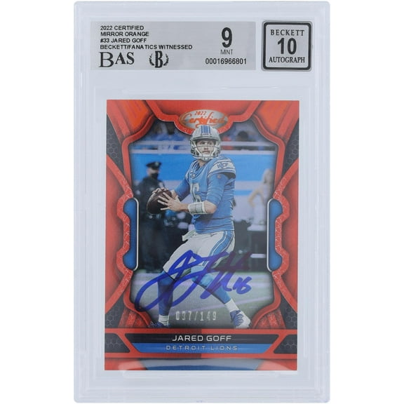 Jared Goff Detroit Lions Autographed 2022 Panini Certified Mirror Orange #33 #/149 Beckett Fanatics Witnessed Authenticated 9/10 Card - Fanatics Authentic Certified
