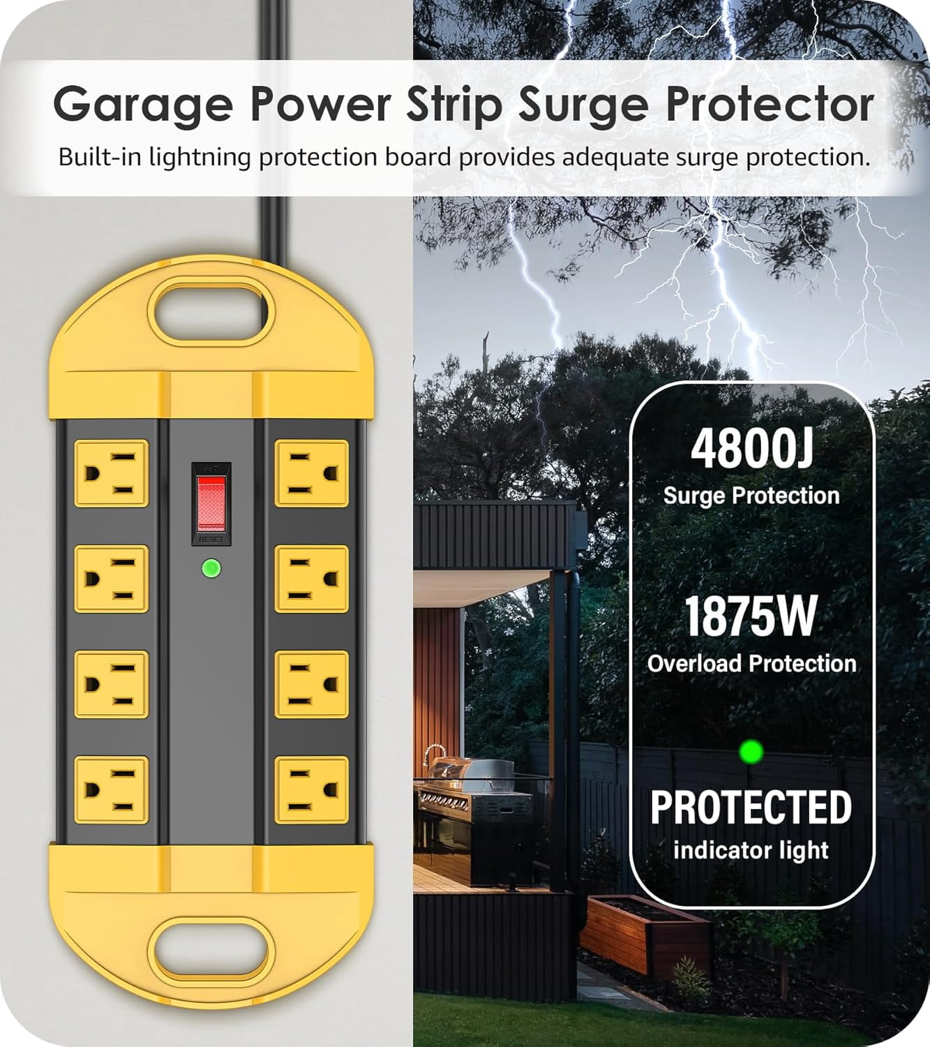 RGHJAR-Heavy Duty Power Strip Surge Protector, Metal 8 Outlets Power Strip for Appliance. Garage Shop Industrial Workbench 15 AMP Outlets Strip. 6FT Extension Cord, Yellow