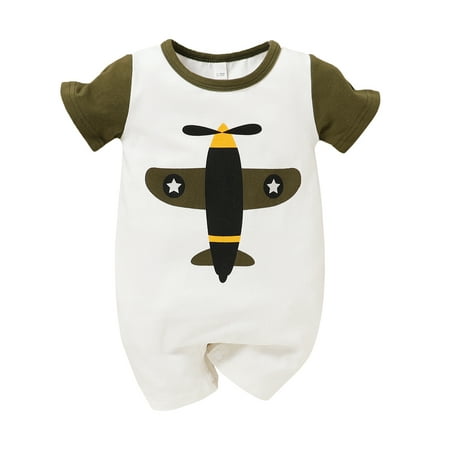 

Newborn Baby Boys Romper Jumpsuit Onesies Bodysuit Short Sleeve Plane Print Romper 0-3 Months White