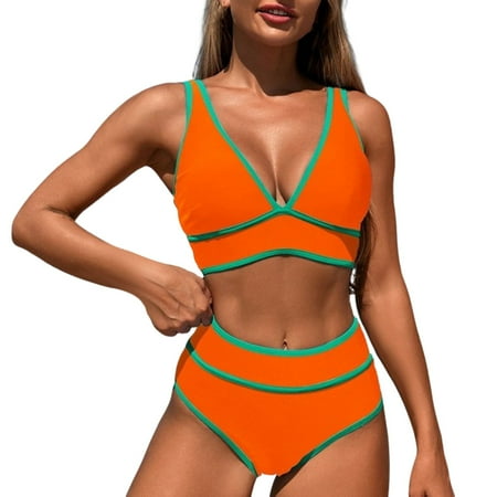 MGCWSH High Waisted Bikini Sets Womens Cheeky Two Piece Swimsuit V Neck Color Block Bathing Suit Orange S