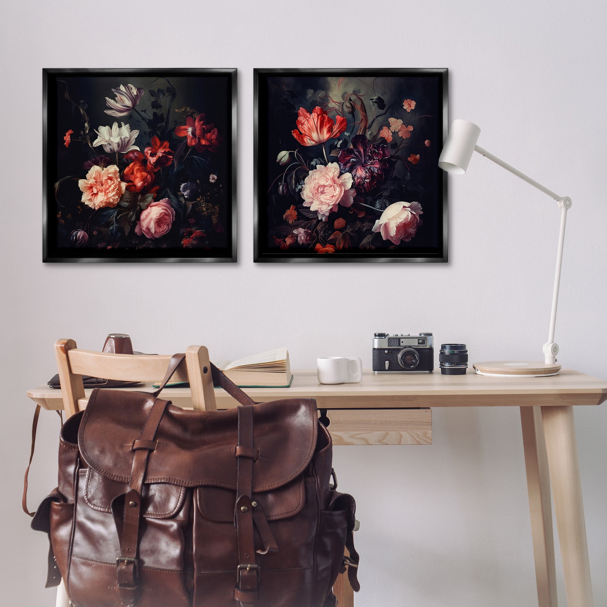Stupell Industries Vintage Bouquet on Black Botanical & Floral Photography Black Floater Framed Canvas Art Print Wall Art, 25 x 25, Set of 2