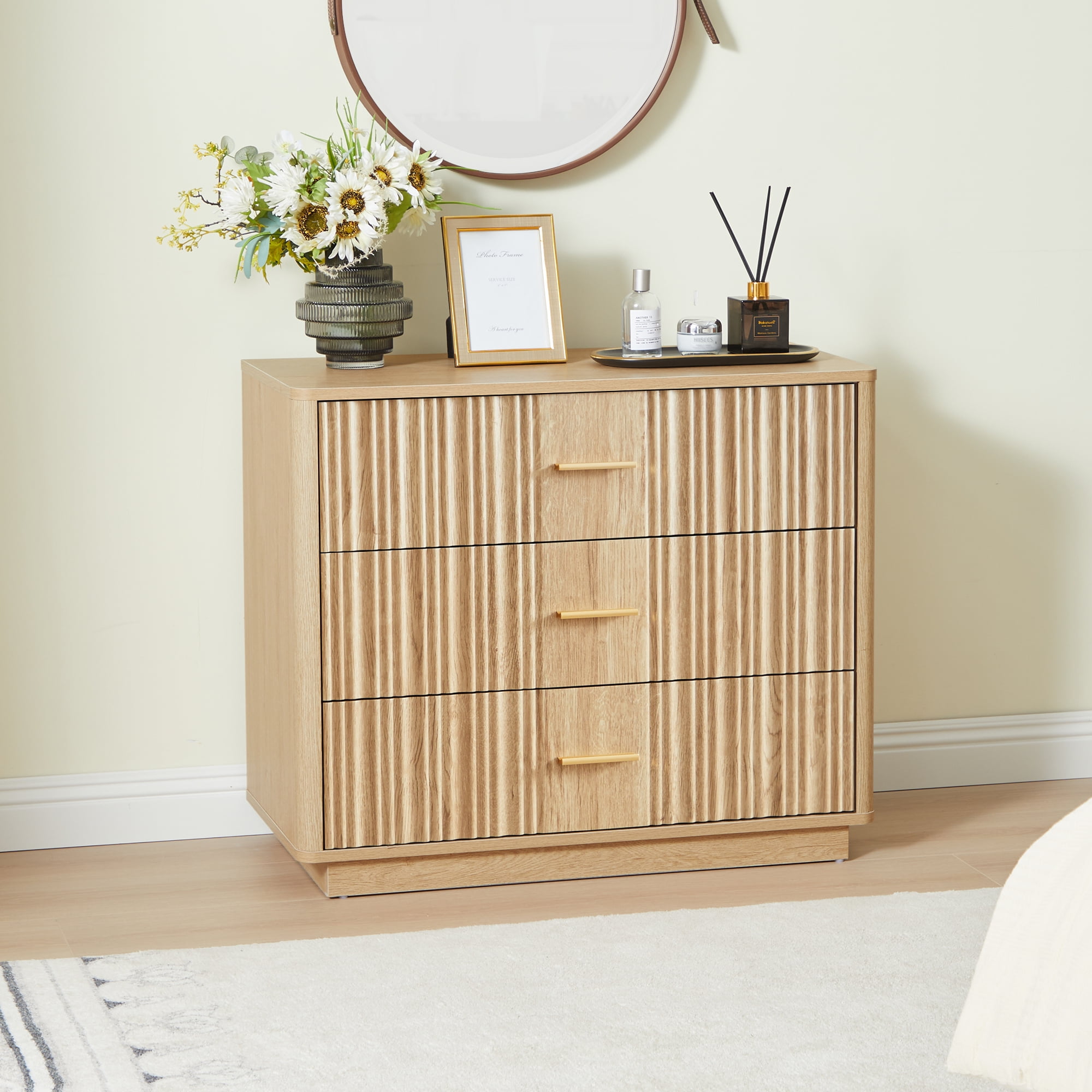 Weselon 3-Drawer Farmhouse Dresser with Waveform, Fully Assembled Nightstand Wooden Finish for Boho, Mid-century, Rustic Style,Oak