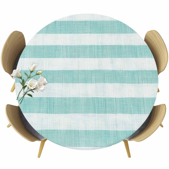 Aqua Striped Table Cloth, Round Fitted Tablecloths with Elastic Edge, Rustic Farmhouse Stripes Wipeable Waterproof Table Cover for Kitchen Wedding 55-60 Inches