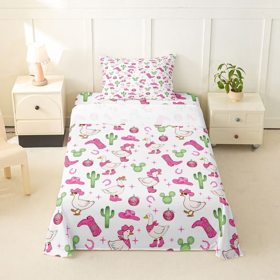 Homewish Cute Goose Animal Twin Sheets,Cactus Cowgirl Boots Bedding,Green Pink,3pcs,1 Fitted Sheet and 1 Pillowcase