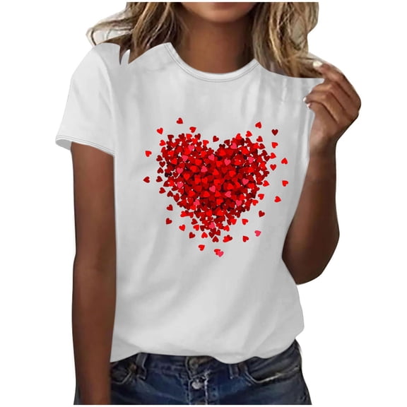 Women's Valentine's Short Sleeve T-Shirt Happy Day Heart Print Crewneck Top for Romantic Gatherings White 2XL