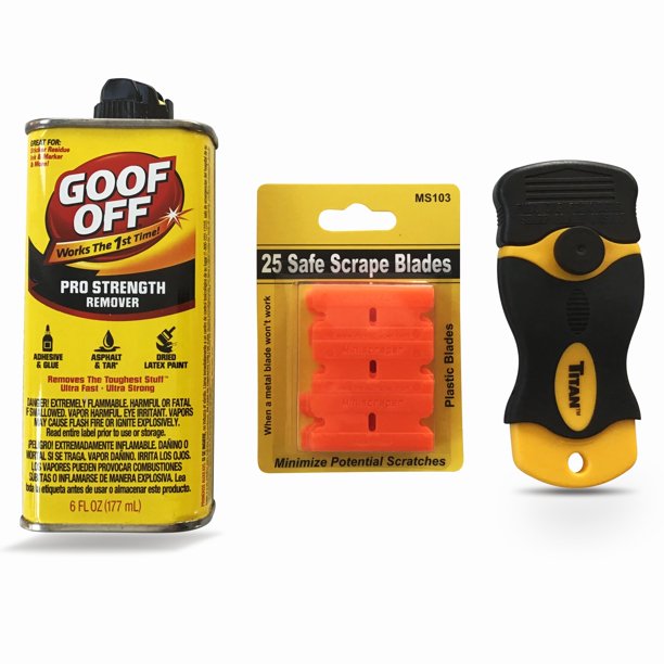Adhesive Removal Kit and Titan Mini Scraper / 25 Plastic Blades remove stickers labels gum adhesives and other unwanted debris