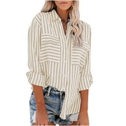 Women's Striped Button Down Shirts Long Sleeve with Pocket Lightweight Casual Cotton Linen Fall Spring Tops, Khaki,XX-Large