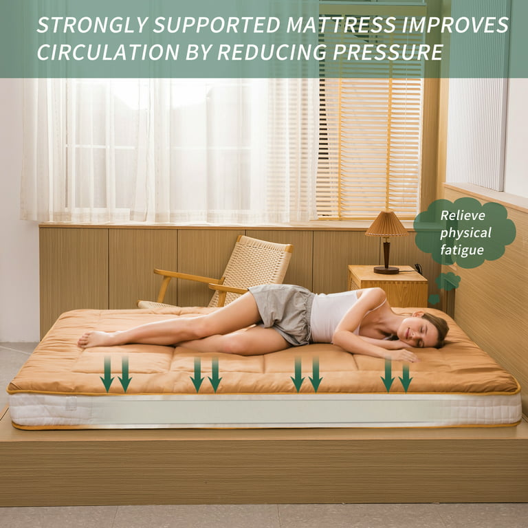Futon Mattress, Padded Japanese Floor Mattress Quilted Bed Mattress Topper,  Extra Thick Folding Sleeping Pad, Light Brown, Full