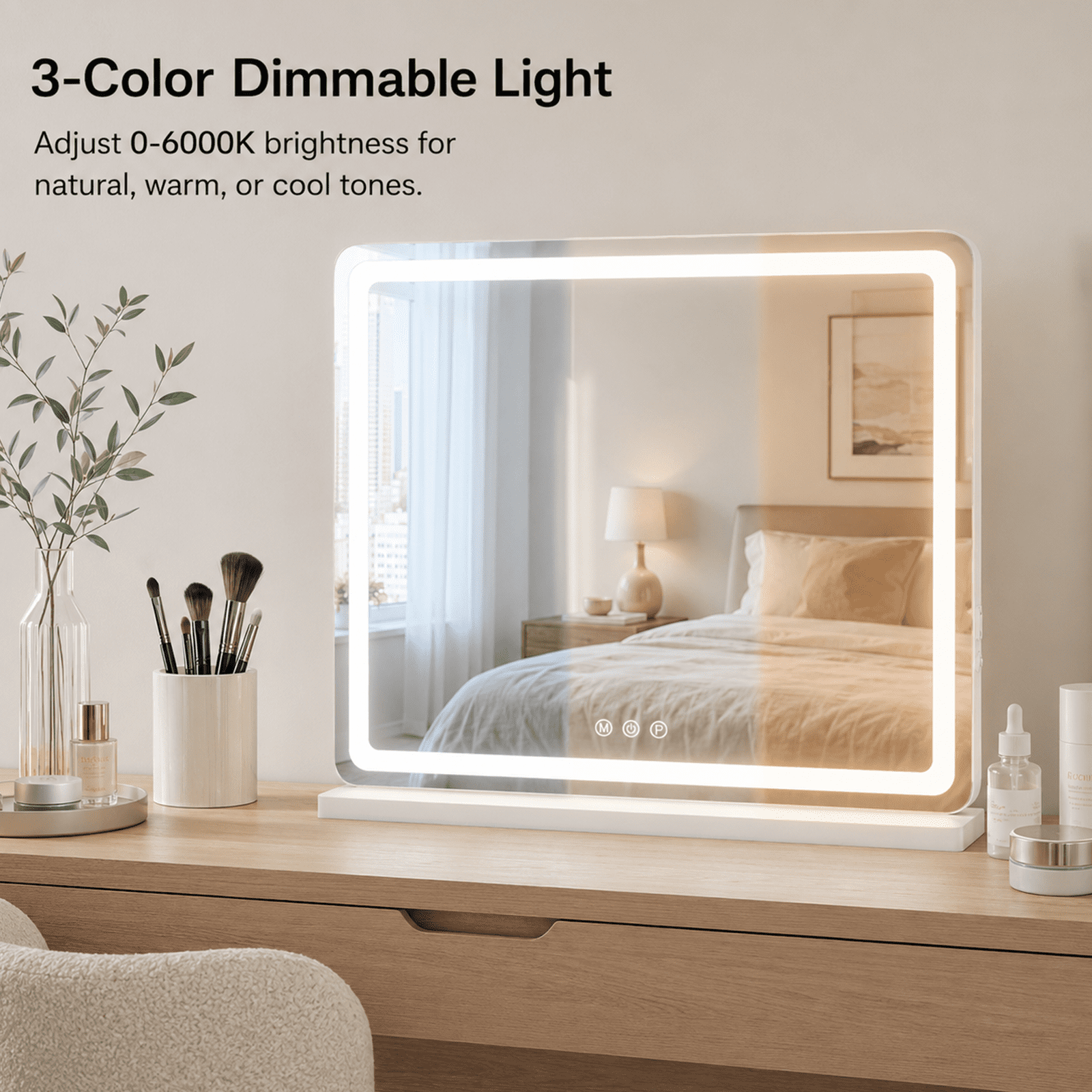 Alvantor Vanity Mirror with Lights, LED Makeup Mirror, Lighted Makeup Mirror with Dimmable 3 Modes, Touch Screen Control, USB Charging Port, Tabletop, 13"x17"/19"x22"/22"x32"