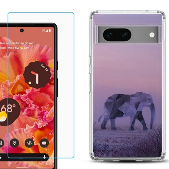 Slim-Fit Gel TPU Phone Case for Google Pixel 7, with Tempered Glass Screen Protector, by OneToughShield ® - Twilight Elephant