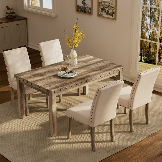 Morden Fort Farmhouse Dining Table Set for 4, Country Style Kitchen Table with 4 Upholstered Chairs, Rustic Vintage Dining Set for Kitchen or Breakfast Nook