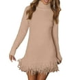 thumbnail image 2 of Women's Fall Winter Fringed High Neck Knit Sweater Dress, Fashionable and Chic Sweater Dress with Fringe Details for a Trendy Casual Appearance,Beige,L, 2 of 4