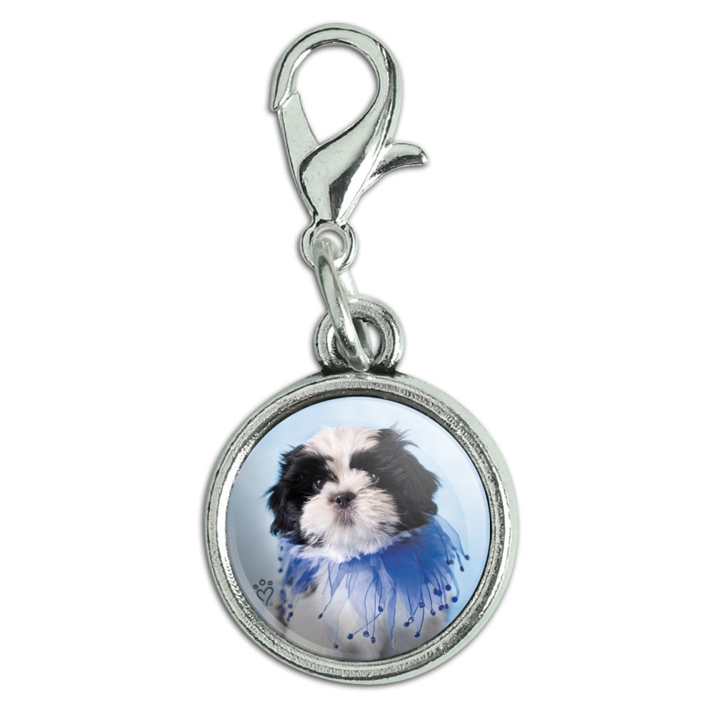 Shih Tzu Puppy Dog Jester Blue Antiqued Bracelet Pendant Zipper Pull Charm with Lobster Clasp