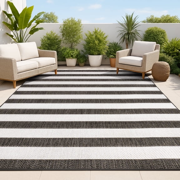 JONATHAN Y SANTA MONICA 8 x 10 Area Rug, Negril Two-Tone Wide Stripe - Black/Cream, SMB203C-8
