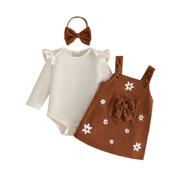 Tisuna Kids Girls Fall Outfit Set Soft Long Sleeve Crew Neck Floral Print Romper And Suspender Skirt Headband Outfits Children'S 3 Pieces Casual Wear Clothes Set Size 6-12 Months