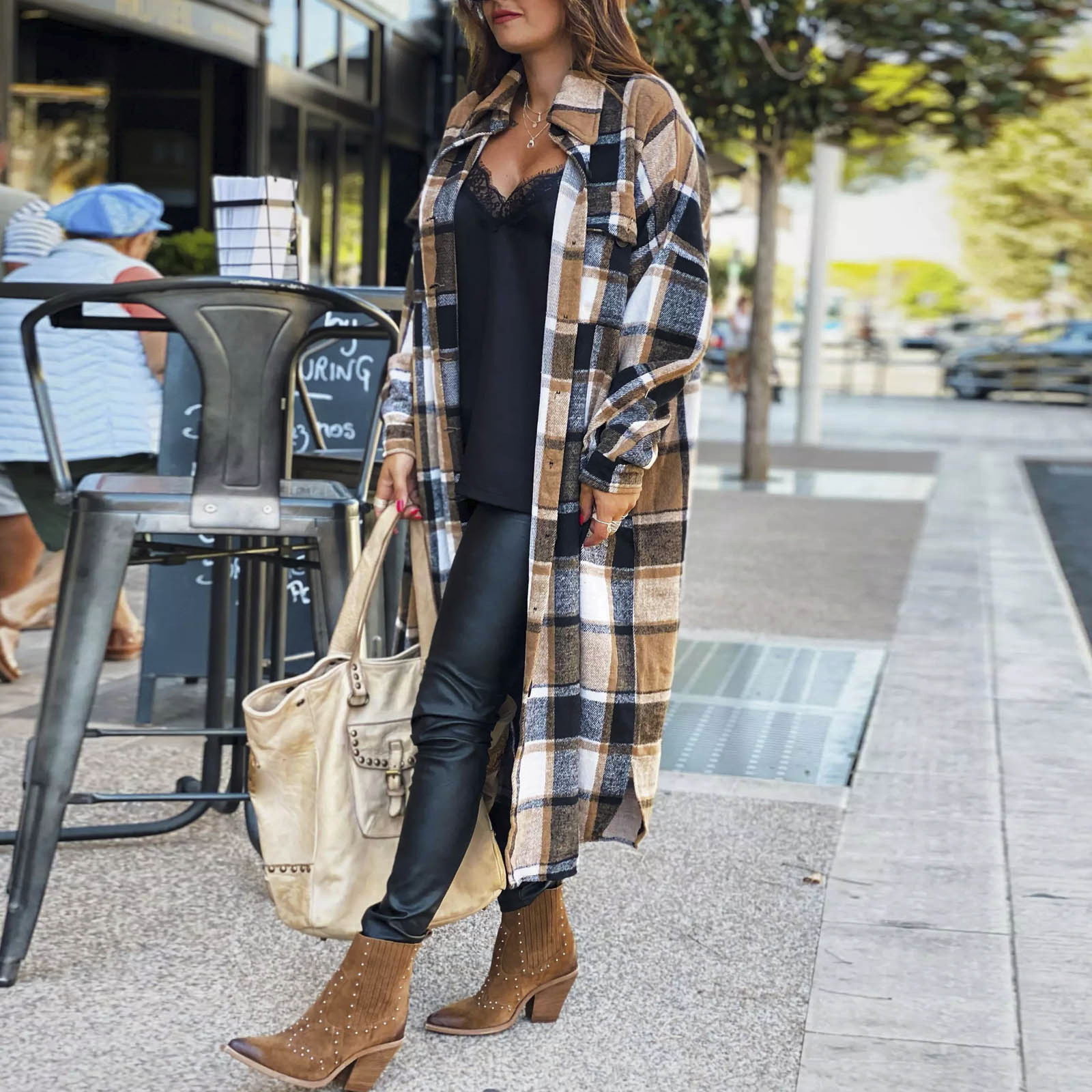 Women Fashion Outwear Plaid Print Long 