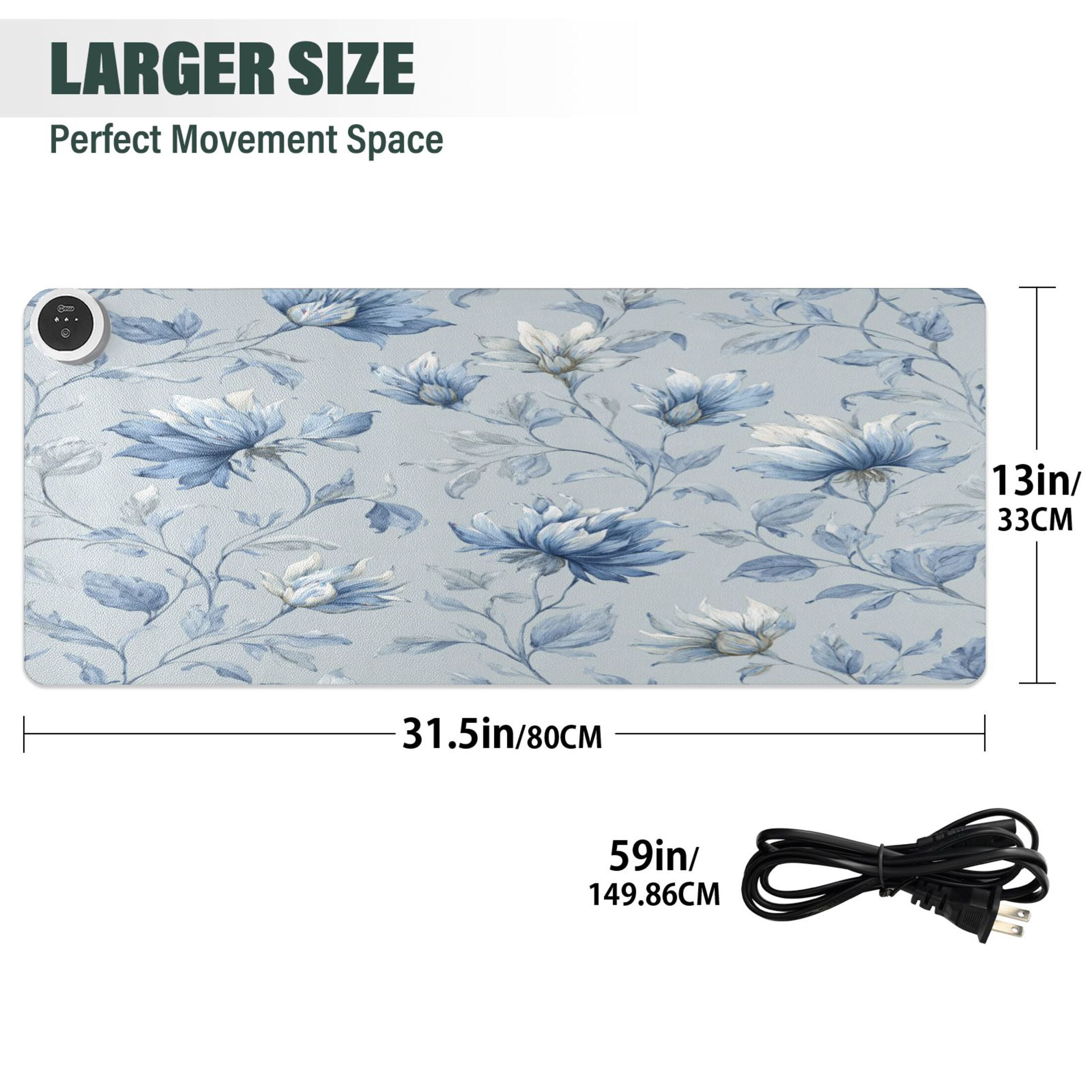 Large Heated Desk Mat Mouse Pad 31.5"x13"PU Leather Graphene Heating Desk Warmer with 3 Temperature Settings 110V US Plug Non-Slip Warm Pad for Home, Office, and Gaming Exquisite Blue Peony Design
