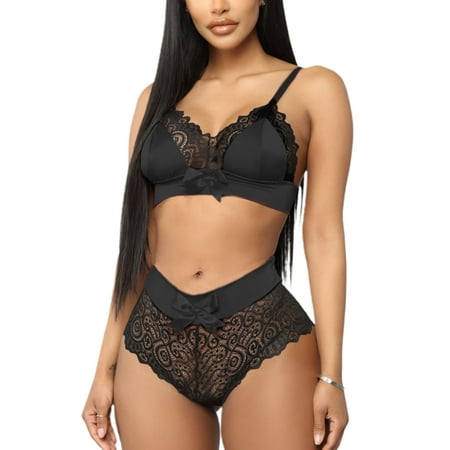 

Canrulo Women Lace Lingerie Set Nightwear See-Through Floral Sling Bra and Briefs 2pcs Black XL