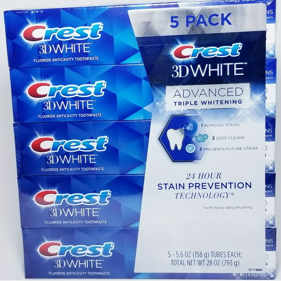 Pack of 5 Crest 3D White Advanced Triple Whitening. 5-5.6 Oz. each. (total 28 Oz.).