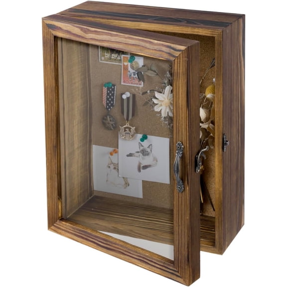 11x14 Deep Shadow Box Frame with Cork Board Backing and Acrylic Paneled Cursive Hinged Door, Rustic Burnt Wood Wall Mounted Shadow Box Display Case Cabinet