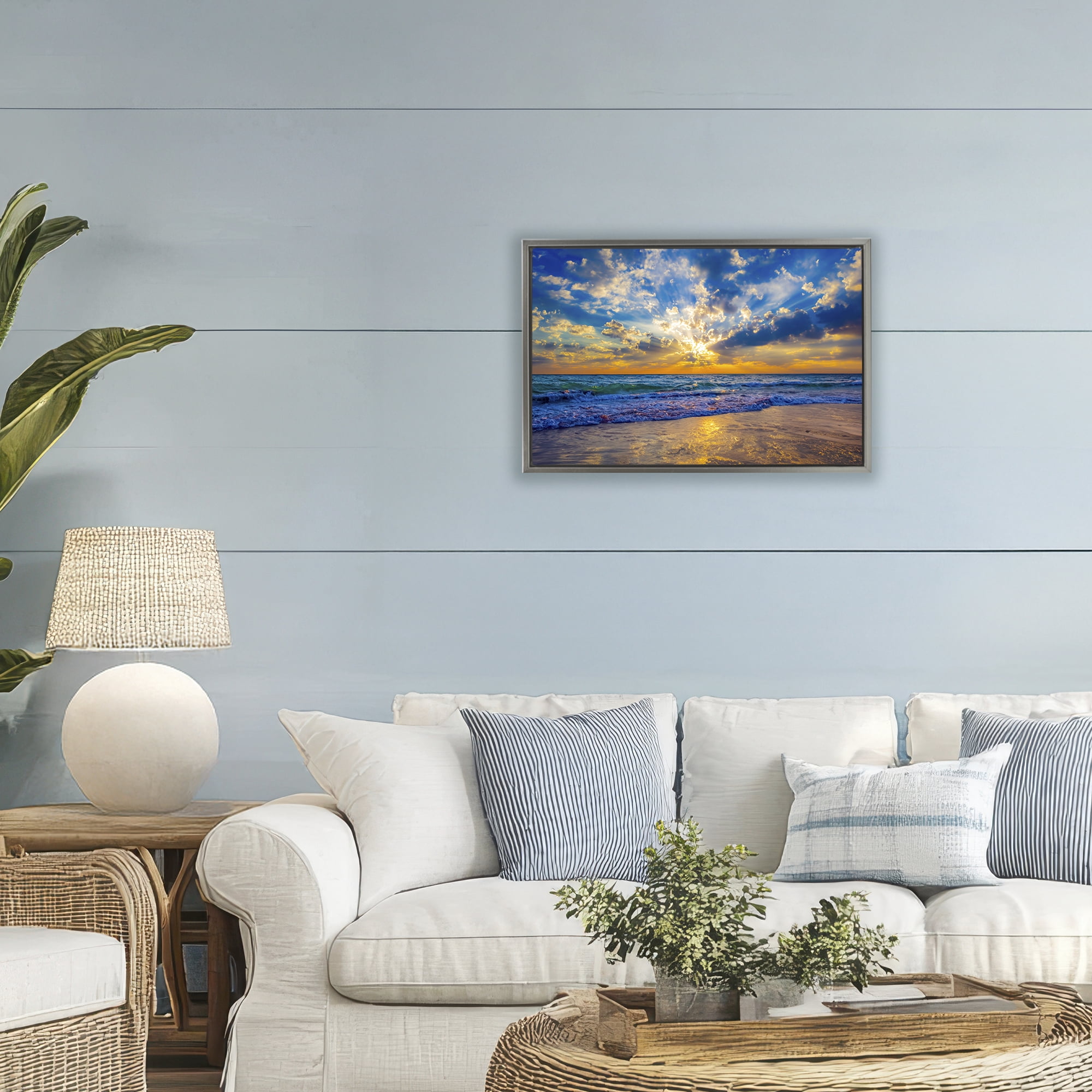 Stupell Industries Golden Blue Sun Ray On Beach Gray Framed Floater Canvas Wall Art, design by Eszra Tanner
